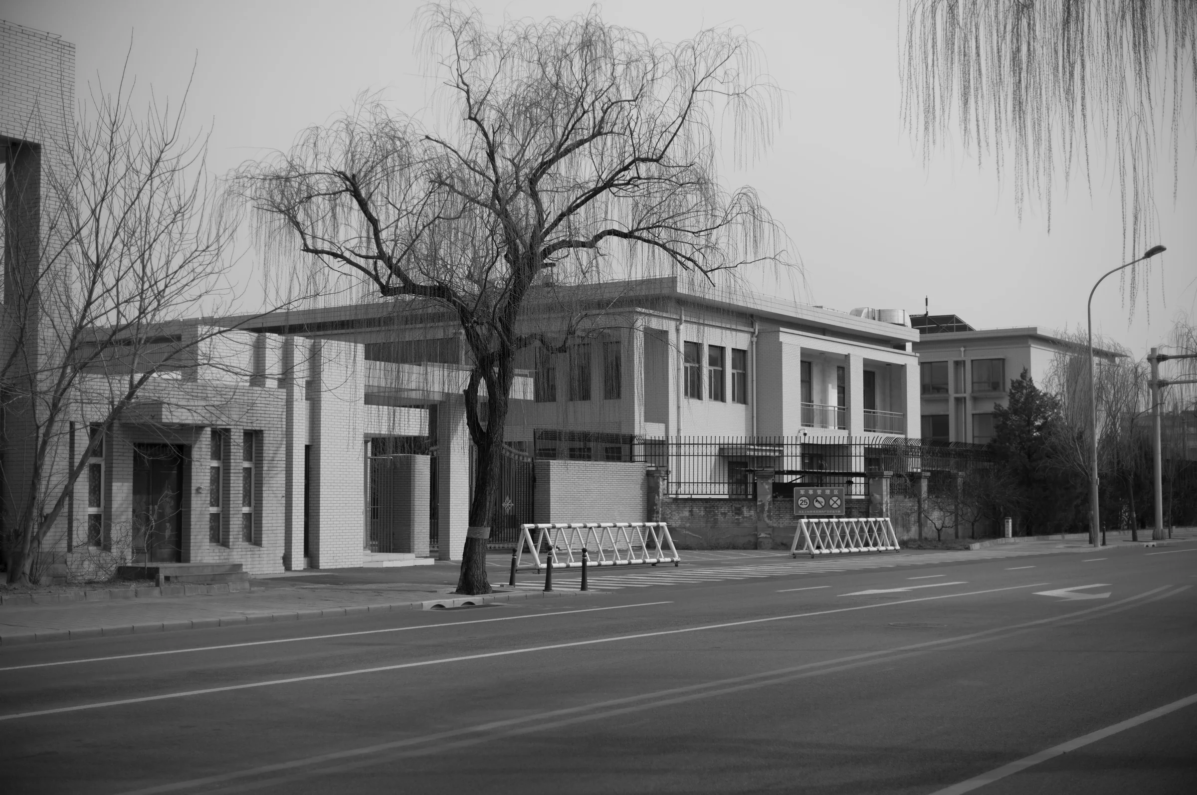 北京马连洼垂柳旁的白色低层院落与空路